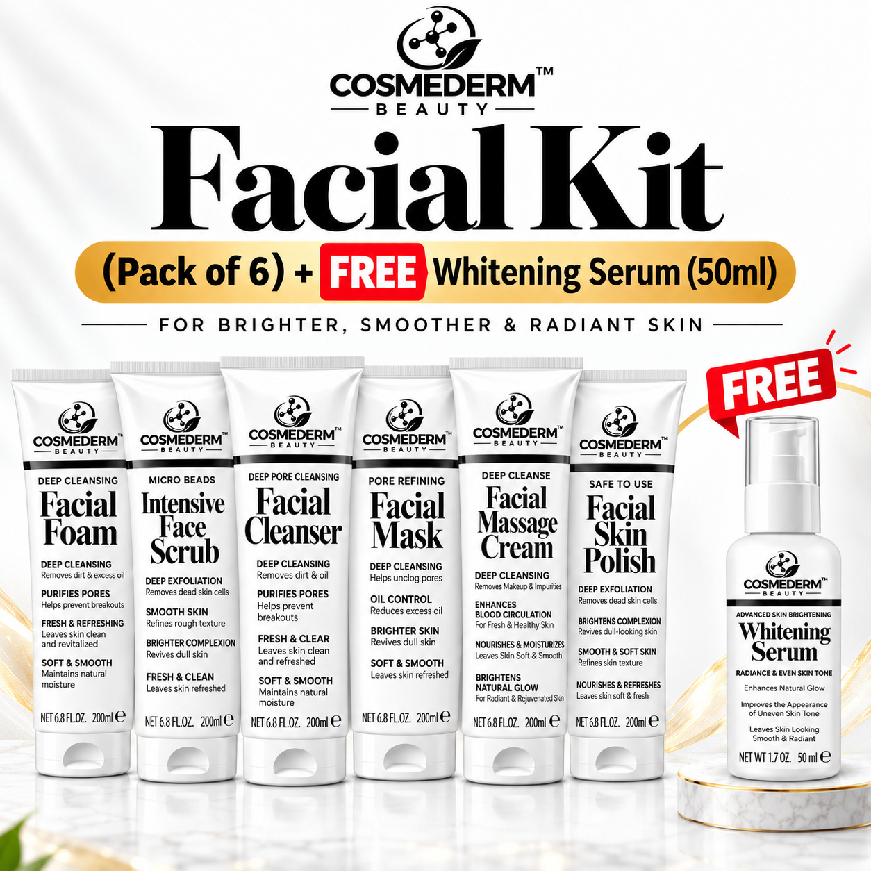 Cosmederm Beauty Facial Kit (200ml Each) Pack of 6 + FREE Whitening Serum (50ml)