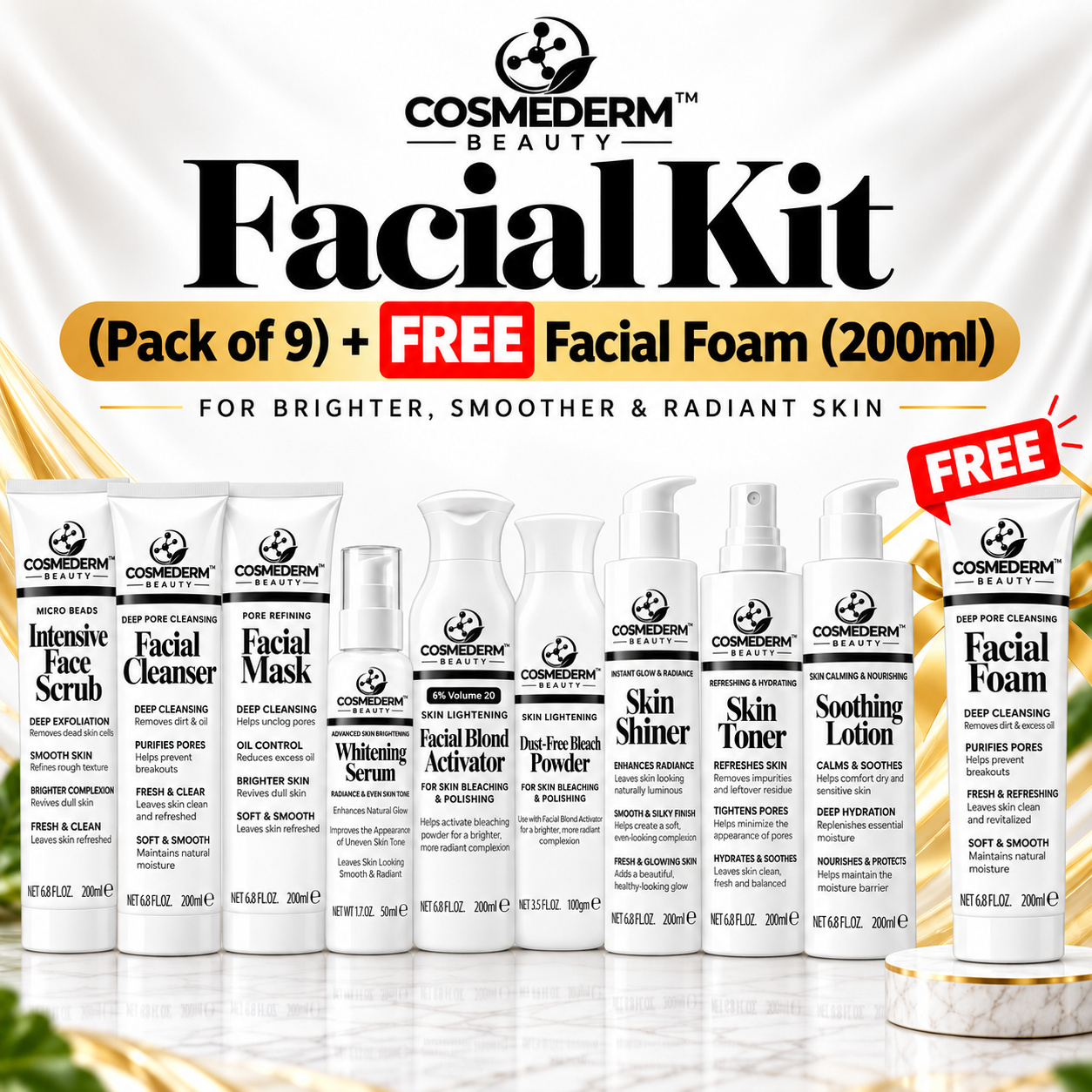 Cosmederm Beauty Facial Kit (Pack of 9) + FREE Facial Foam (200ml)