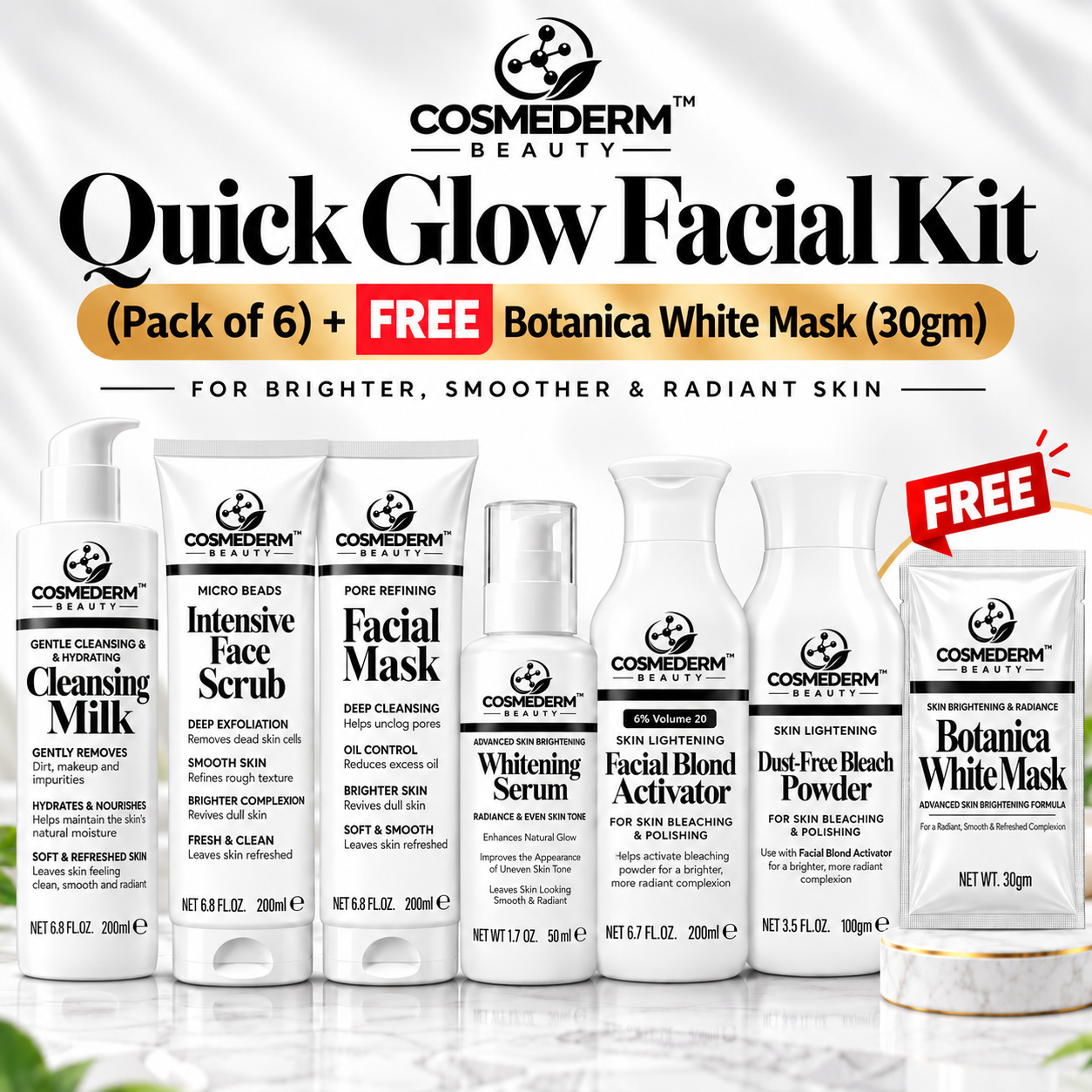 Cosmederm Beauty Quick Glow Facial Kit (Pack of 6) + FREE Botanica White Mask (30gm)